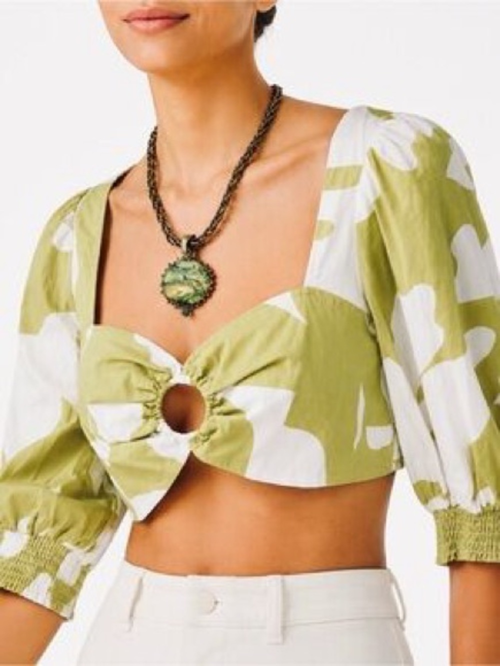 Future Collective Alani Noelle Floral Puff Sleeve Crop Top Medium Green White